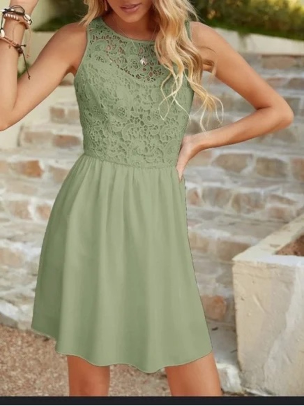 SALE! Sage Green Sleeveless Lace Bodice Mini Dress